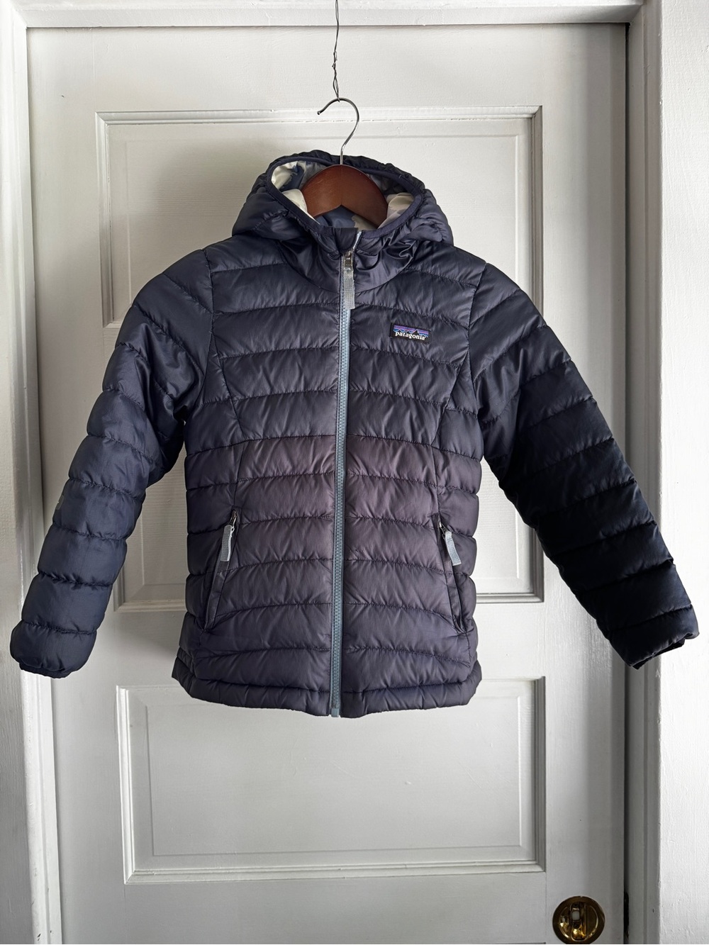 Patagonia Sz S Girls' Reversible Down Sweater Hoody Navy